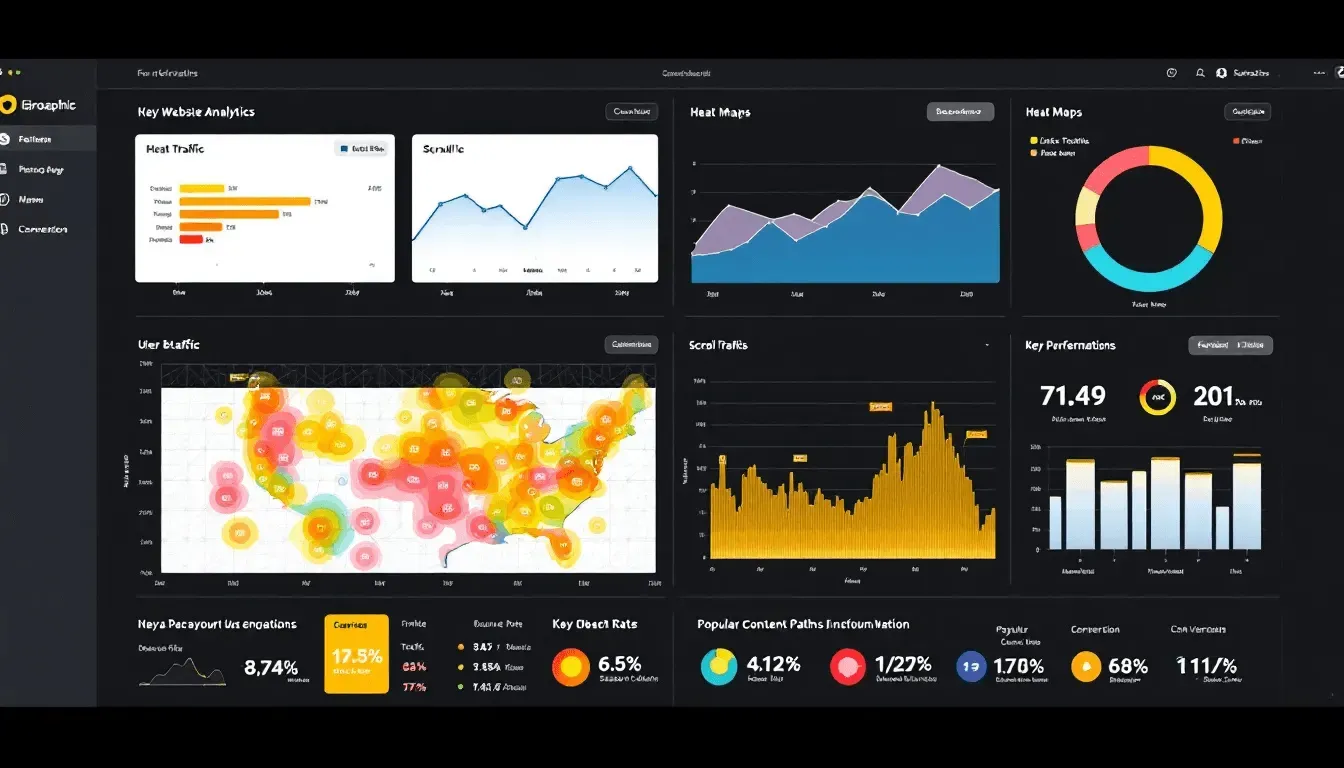 The image illustrates a website analytics dashboard displaying user behavior patterns, highlighting popular content paths and the flow of internal and external links. It emphasizes the importance of a solid internal linking strategy for enhancing user experience and aiding search engines in understanding the website