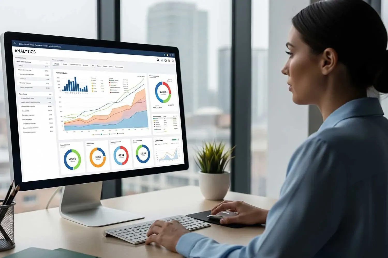 A business owner is intently reviewing an analytics dashboard that displays improved search performance metrics, highlighting enhanced visibility in local search results. The dashboard includes data on click-through rates and search engine visibility, indicating the effectiveness of implementing structured data and local business schema on their Google Business Profile.