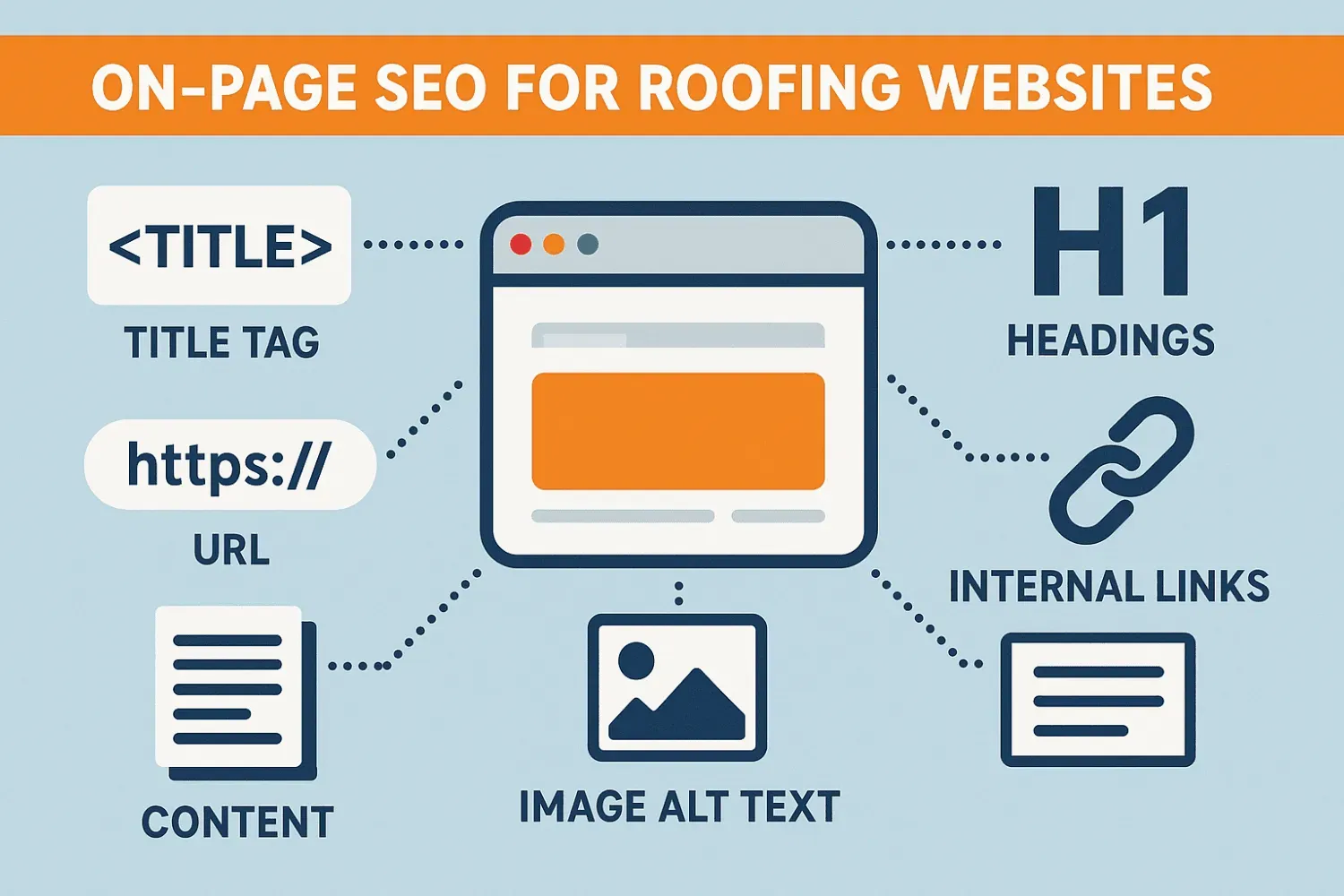 A diagram illustrating the optimization of on-page elements for SEO, specifically for roofing websites.