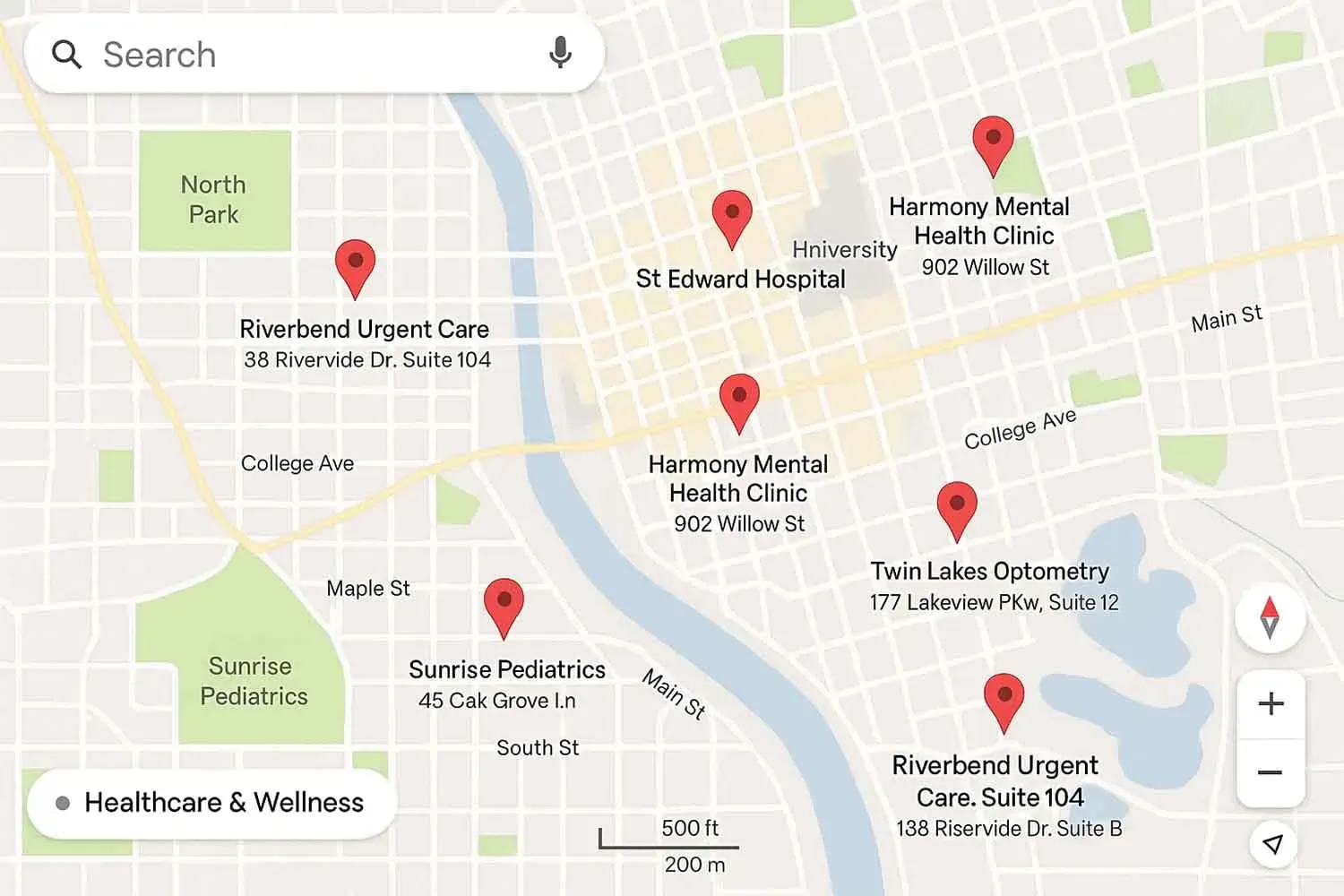 A map view displays multiple location pins representing various local businesses throughout a city, highlighting their physical locations and enhancing search engine visibility through structured data. This visual aids in understanding the distribution of local businesses and their relevance in local search results.