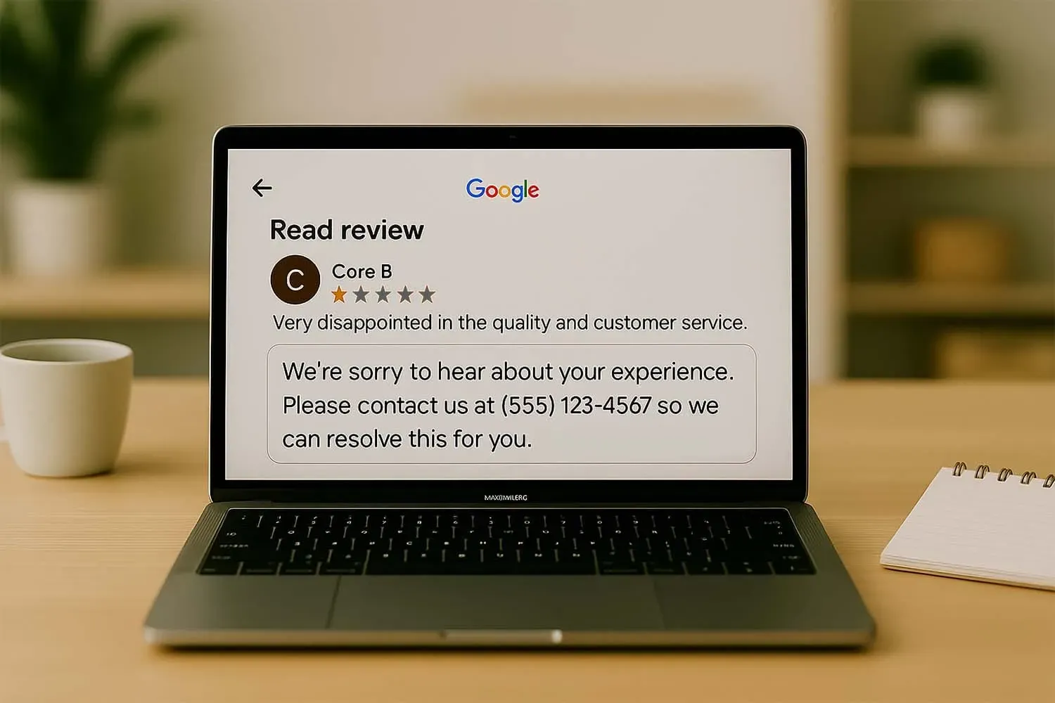 A professional response to a negative review displayed on a computer screen.