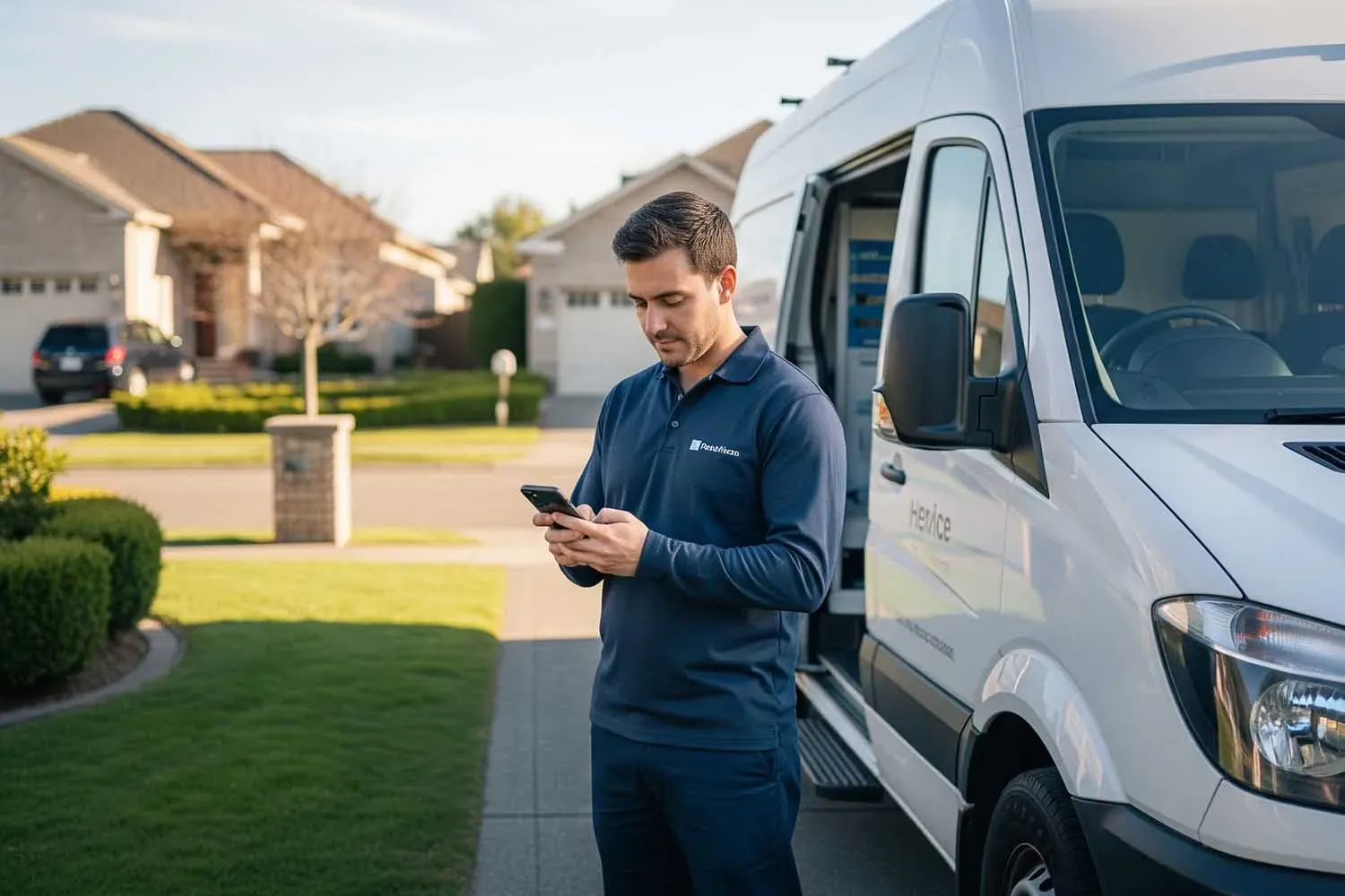 A professional service technician stands next to a company vehicle, intently using a smartphone to access mobile pages and enhance the customer journey. This image highlights the importance of mobile devices in attracting customers and improving conversion rates in today