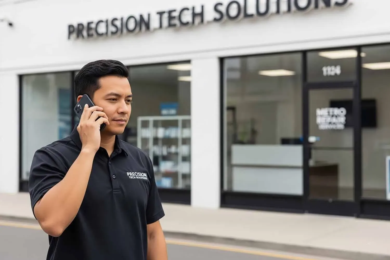 A service technician is engaged in a phone call with a customer while standing in front of a business storefront, showcasing the importance of effective communication in driving phone calls and enhancing customer interactions. The scene highlights the technician