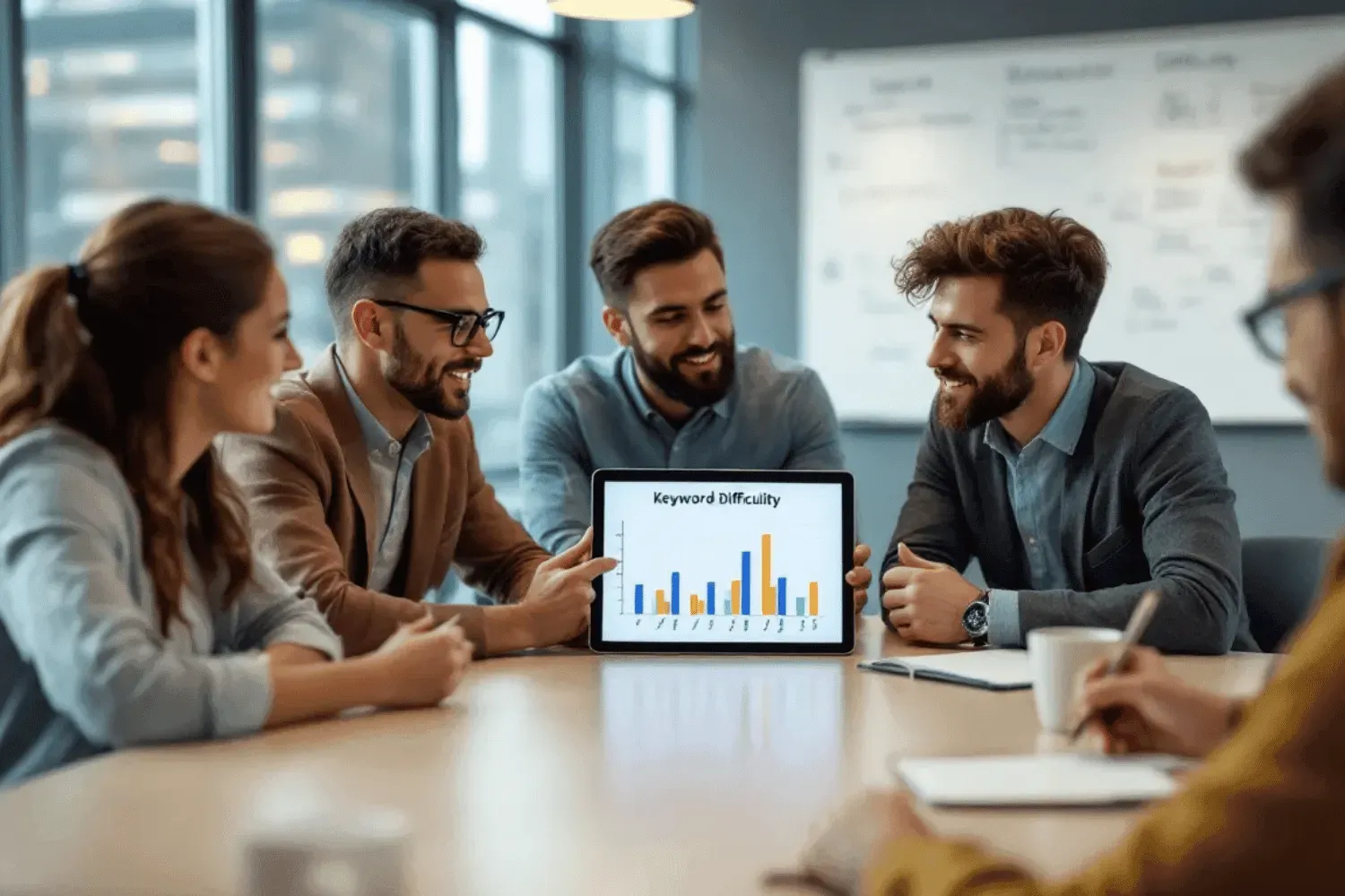 A team is engaged in a meeting, analyzing SEO strategies with charts illustrating keyword difficulty scores and search volume metrics. They discuss how to calculate keyword difficulty and its importance in targeting effective keywords for improved organic search results.