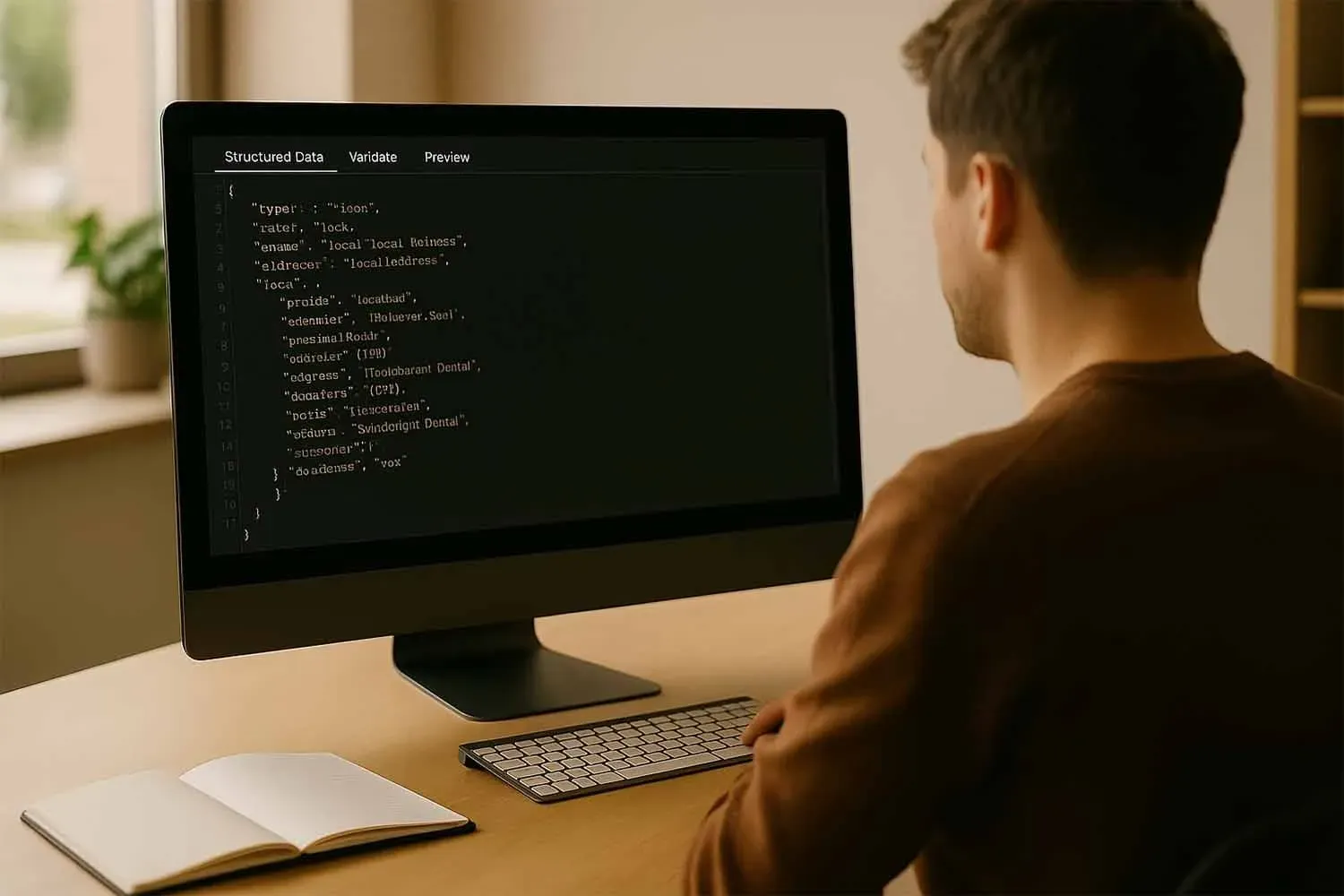 A web developer is focused on coding, with a computer screen displaying JSON-LD schema markup for a local business. The visible code suggests structured data implementation aimed at improving search engine visibility and enhancing local SEO for specific business locations.