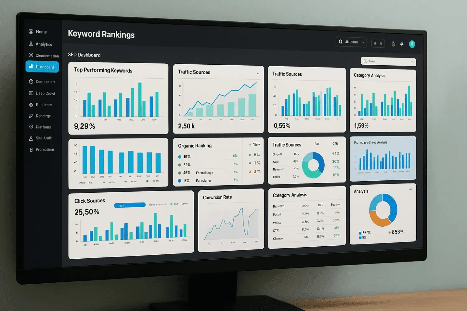 An SEO dashboard displays keyword rankings and traffic performance across various keyword categories, including transactional, informational, and navigational keywords. It highlights search volume and keyword difficulty, providing insights into user intent and effective SEO strategies for optimizing search engine results.