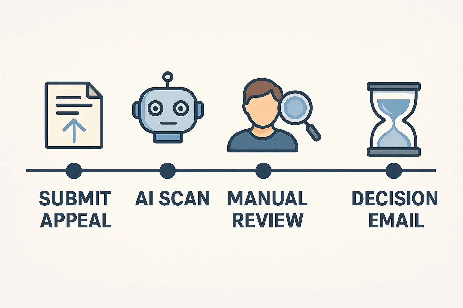 An infographic illustrating the timeline of the Google Business profile appeal review process, featuring key steps such as submitting evidence, reviewing business details, and the potential for multiple appeals. The visual highlights the importance of official documentation, including business license tax certificates and utility bills, to support reinstatement requests for suspended Google business profiles.