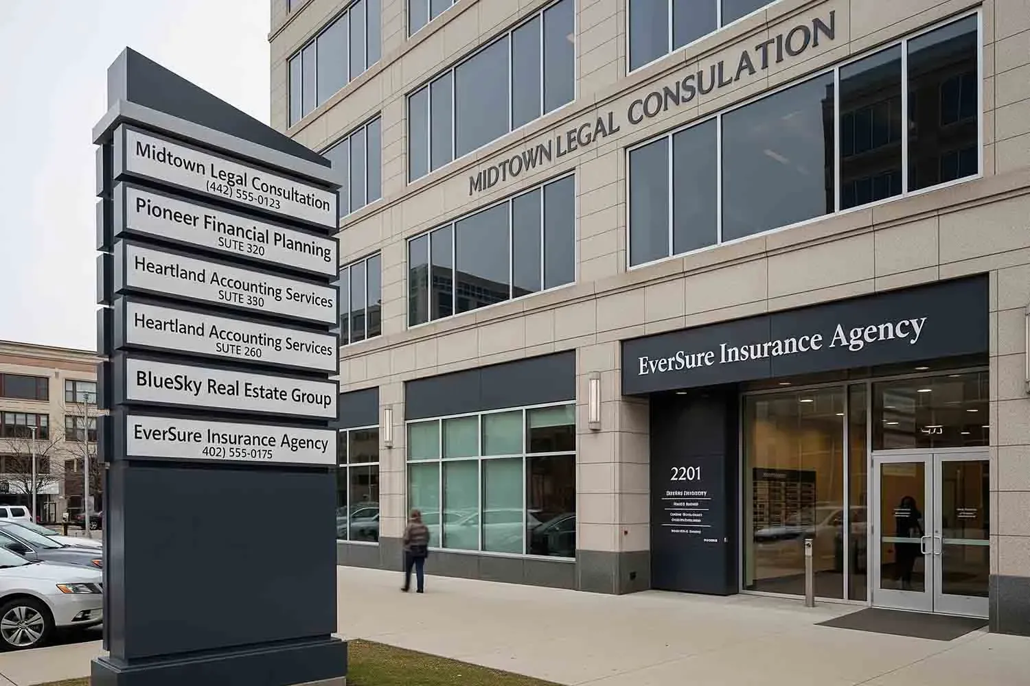 An office building showcasing multiple business signs, indicating various local businesses operating within the physical location. The diverse signage reflects a bustling environment, enhancing search engine visibility for each business through effective local SEO strategies.