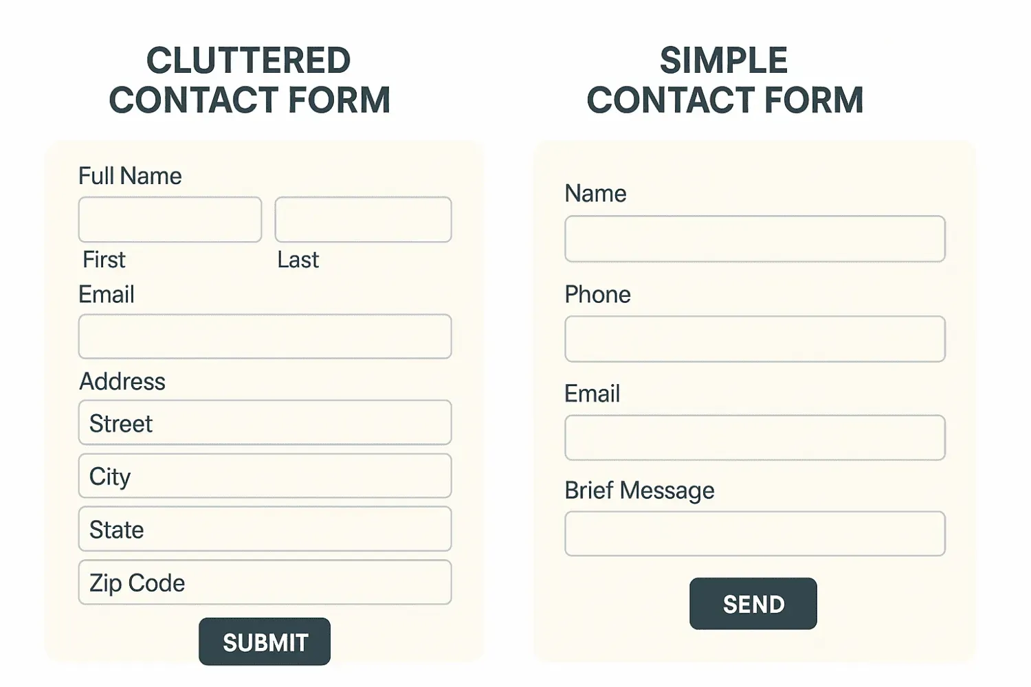 Image comparing a cluttered contact form with a simple, short contact form