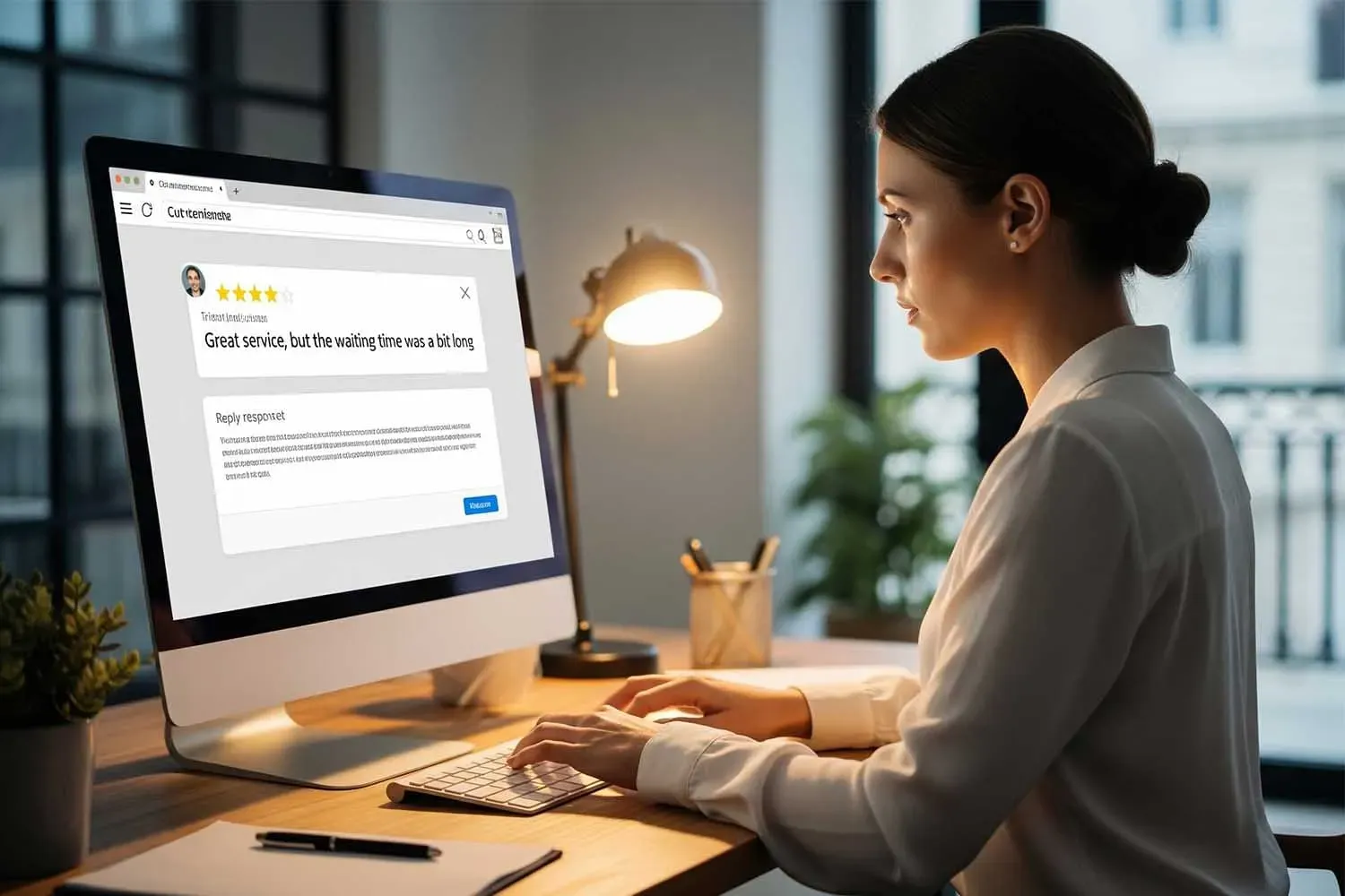 In the image, a business owner is seen professionally responding to an online review, showcasing their commitment to customer satisfaction. This interaction highlights the importance of addressing both positive and negative feedback to enhance the company