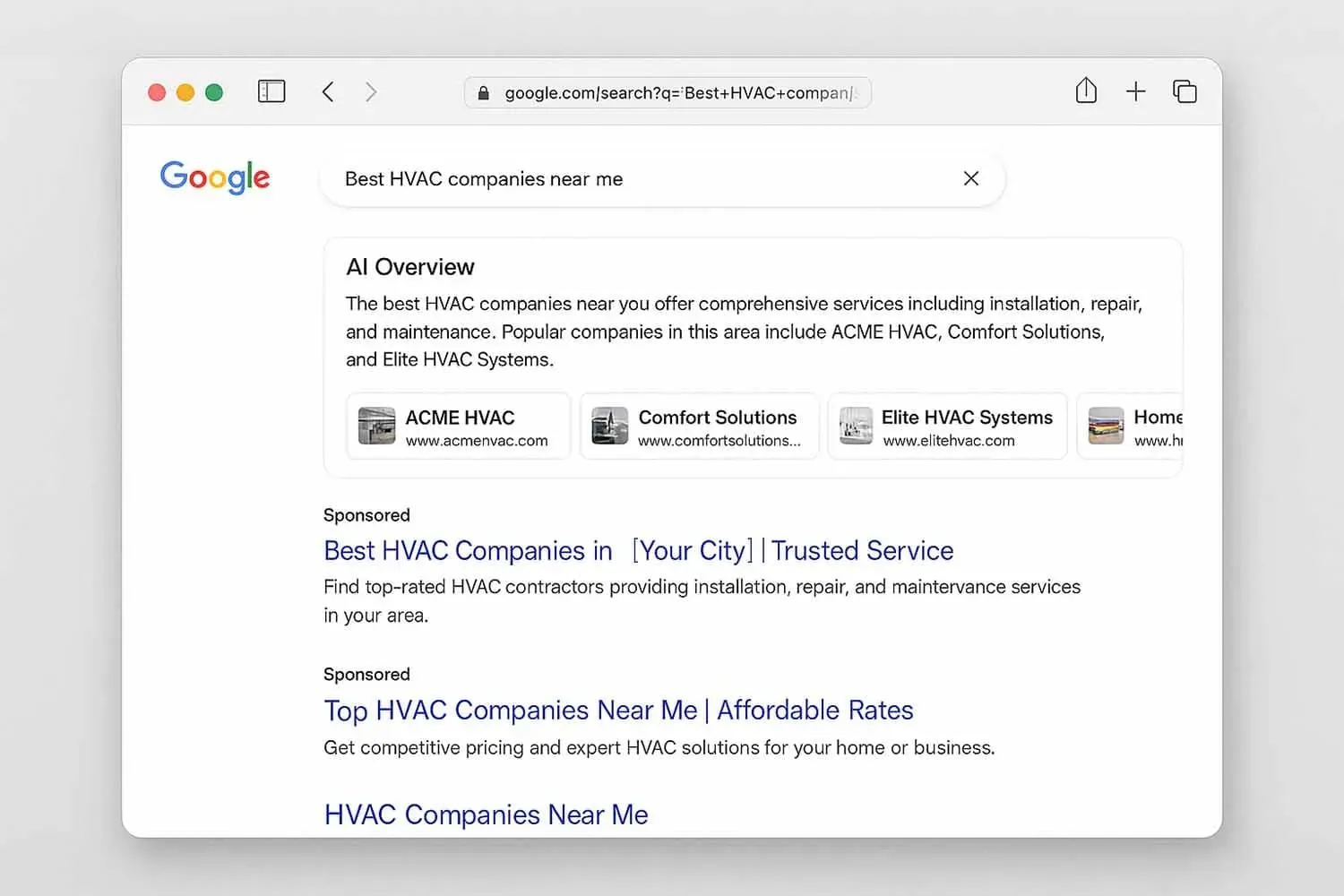 In the image, the search engine results page displays multiple business listings with horizontal source attribution, showcasing various search ads and organic results. This layout emphasizes the search generative experience (SGE) and highlights how users interact with different listings in response to their queries.