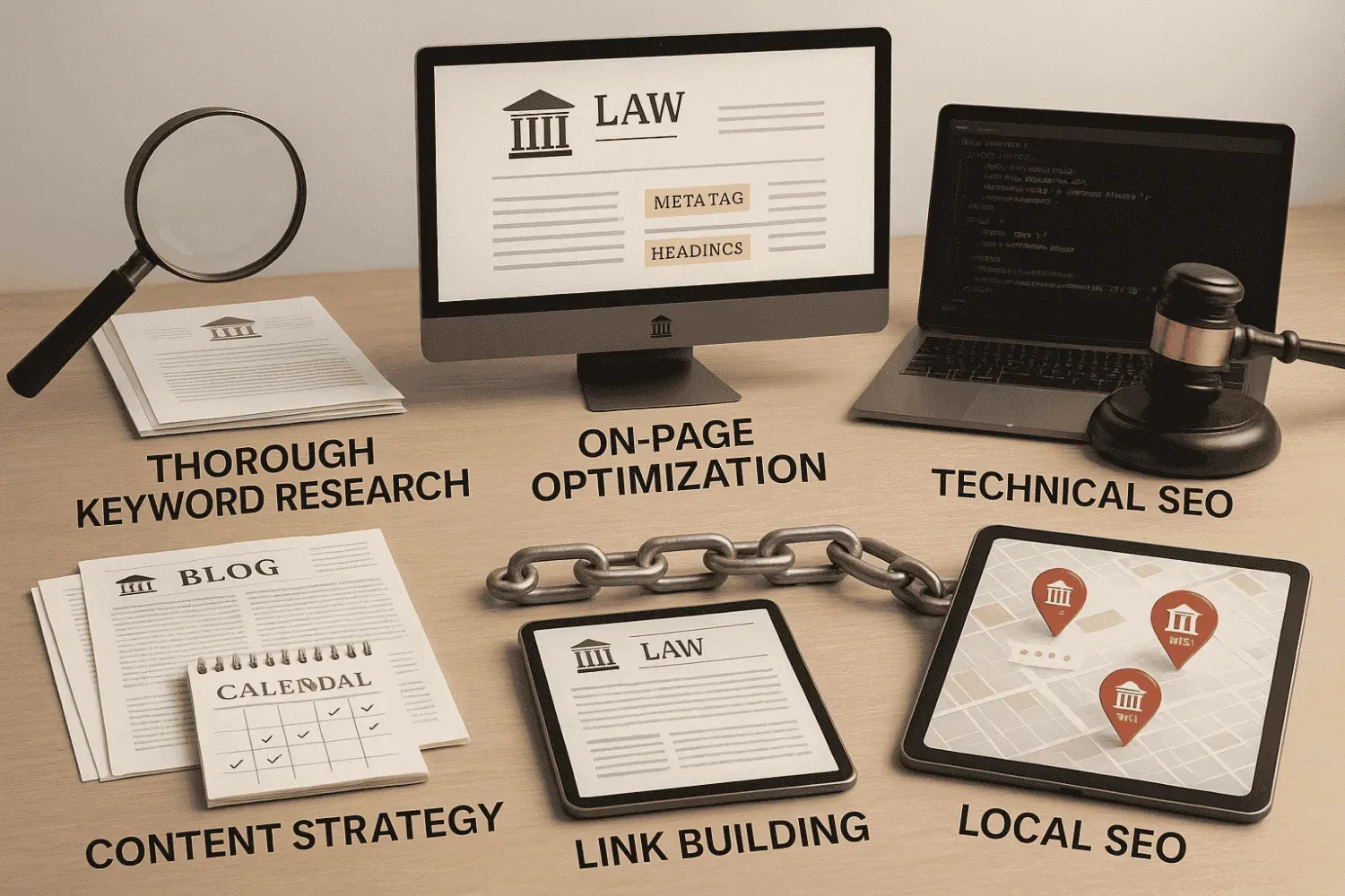 Key elements of an effective lawyer SEO marketing strategy.