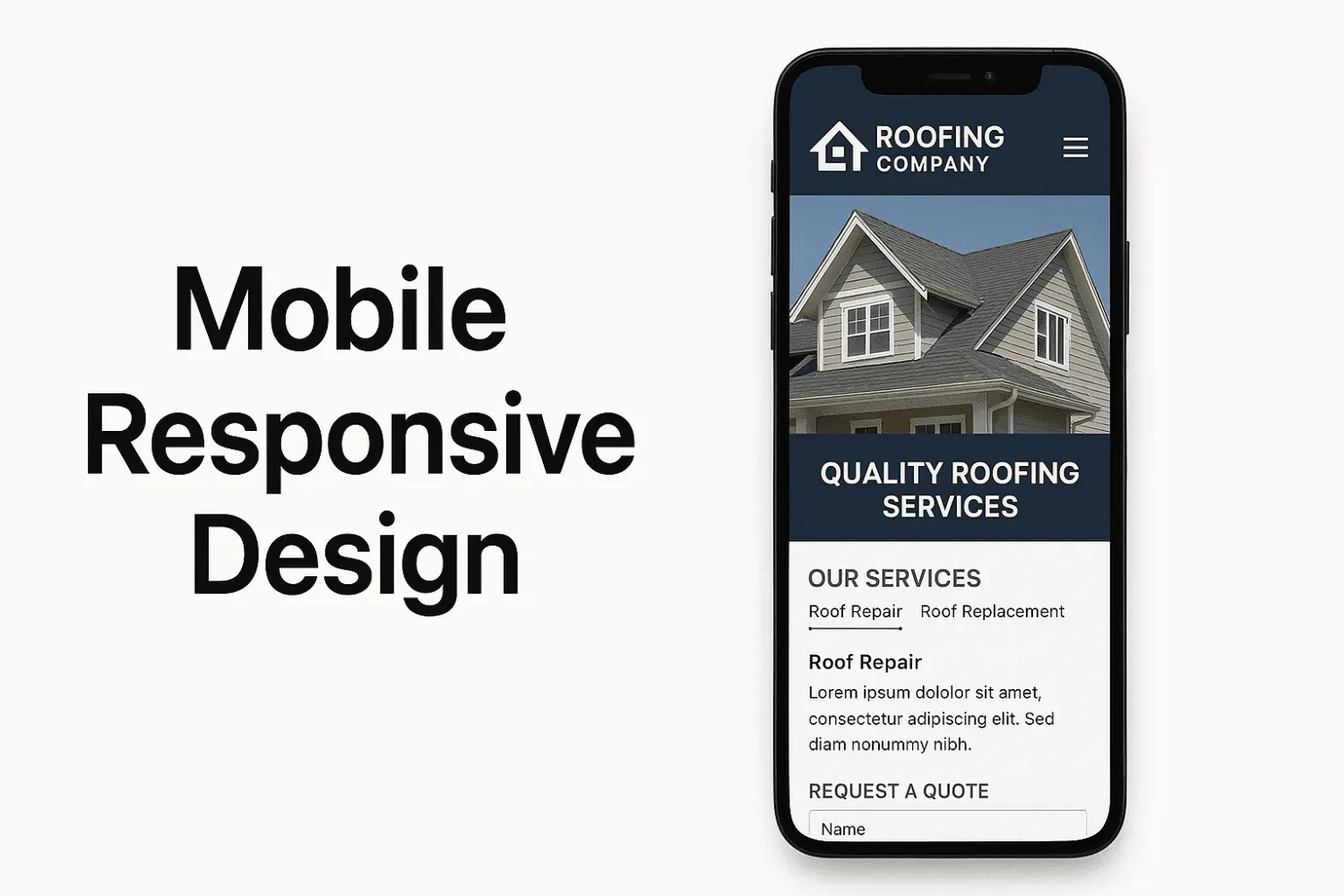 Mobile phone displaying responsive roofing website design