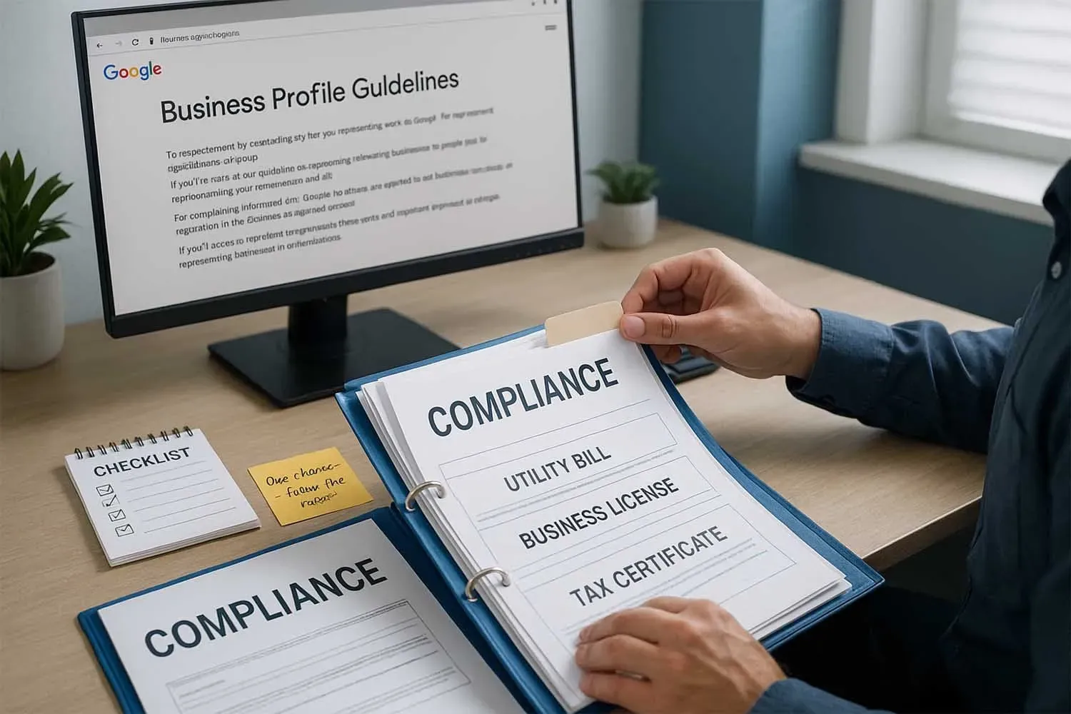 Organized compliance folder with utility bills and licenses