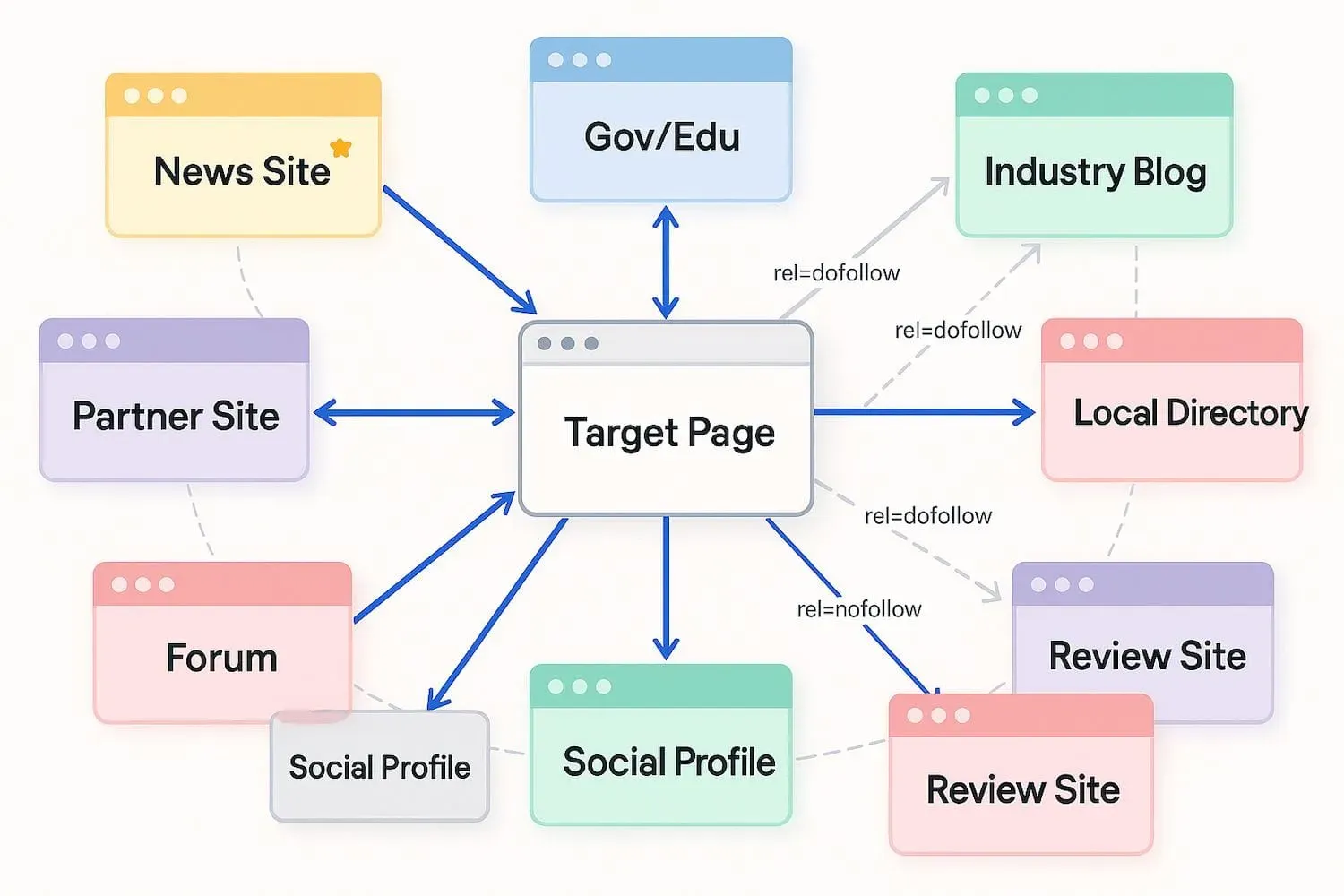 The diagram illustrates various types of backlinks, including dofollow and nofollow links, flowing from different website categories to a target page, highlighting their importance in search engine optimization (SEO) and how they can influence search rankings and referral traffic. It emphasizes the role of quality backlinks from authoritative websites in improving a web page