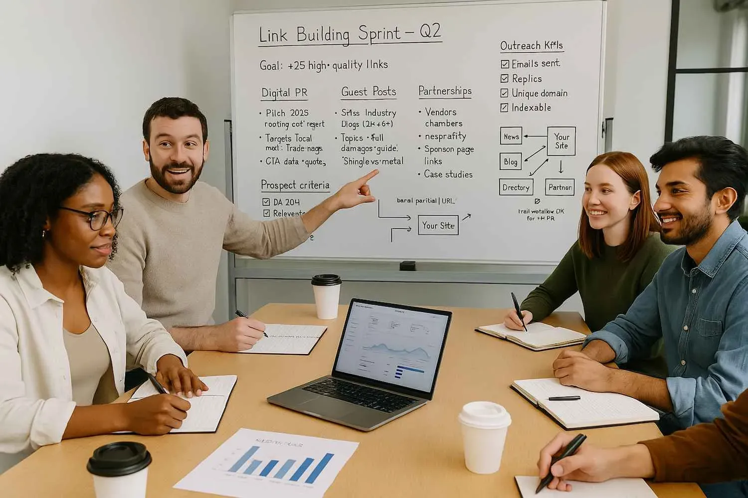 The illustration depicts content creators and marketers engaged in a collaborative discussion about link building strategies, emphasizing the importance of quality backlinks and search engine optimization. They are brainstorming ways to acquire inbound links from authoritative websites to improve search rankings and drive referral traffic.