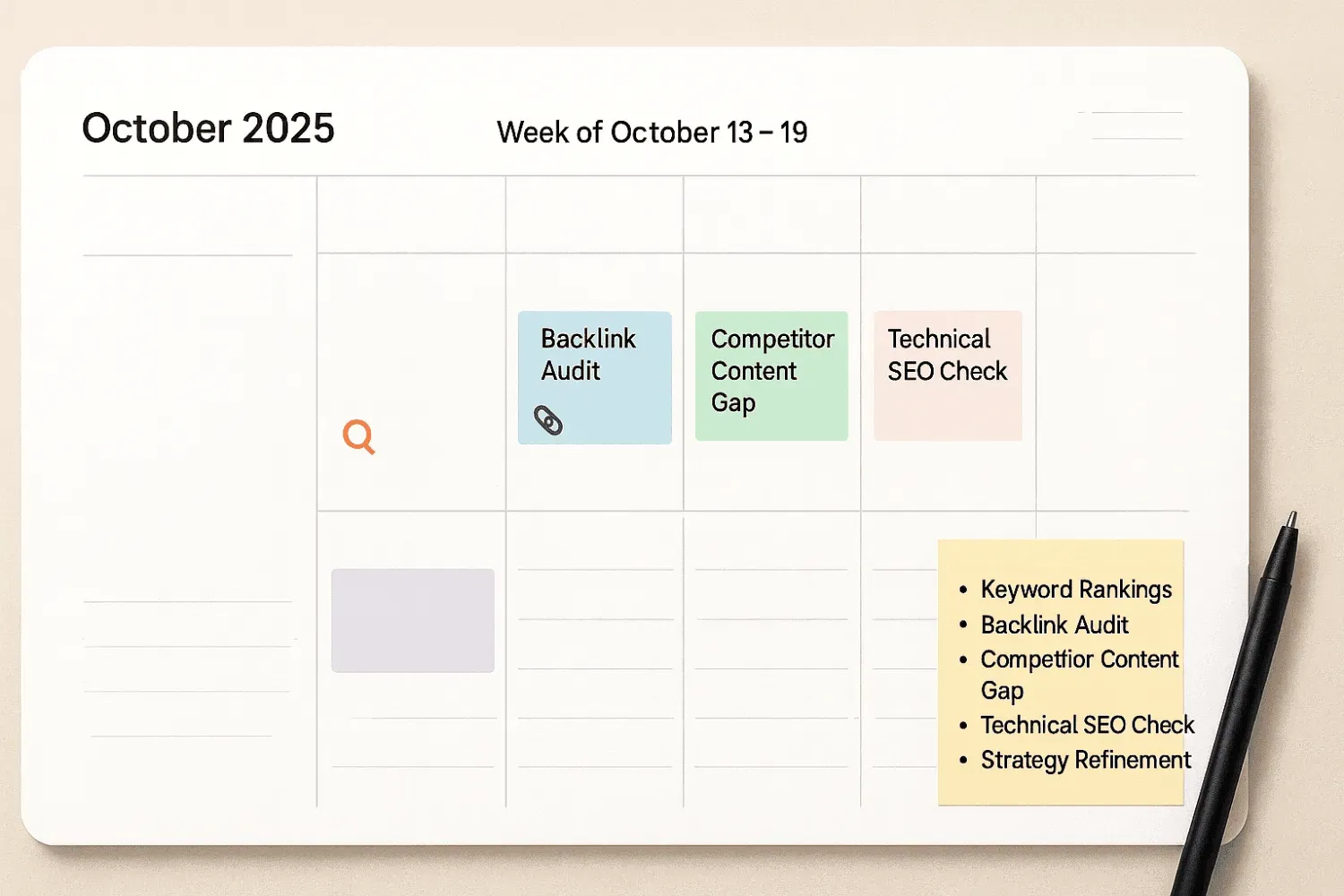 The image depicts a calendar filled with scheduled sessions for conducting SEO competitor analysis, highlighting important dates for reviewing keyword rankings, analyzing competitors