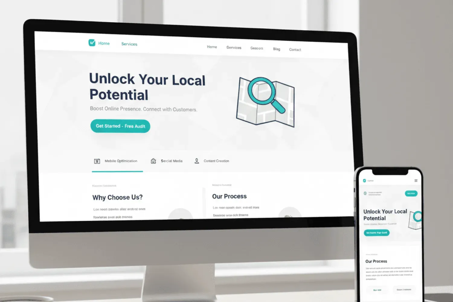 The image depicts a clean and modern website layout featuring clear navigation and a well-defined conversion path, designed to enhance user experience and engagement for site visitors.