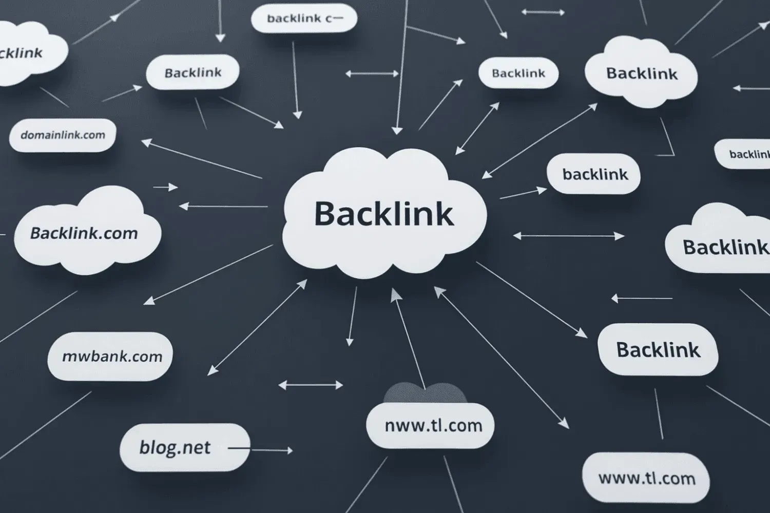 The image depicts a network diagram illustrating backlink connections between various websites, highlighting how they interact in the context of SEO competitor analysis. This visual representation aids in understanding competitors