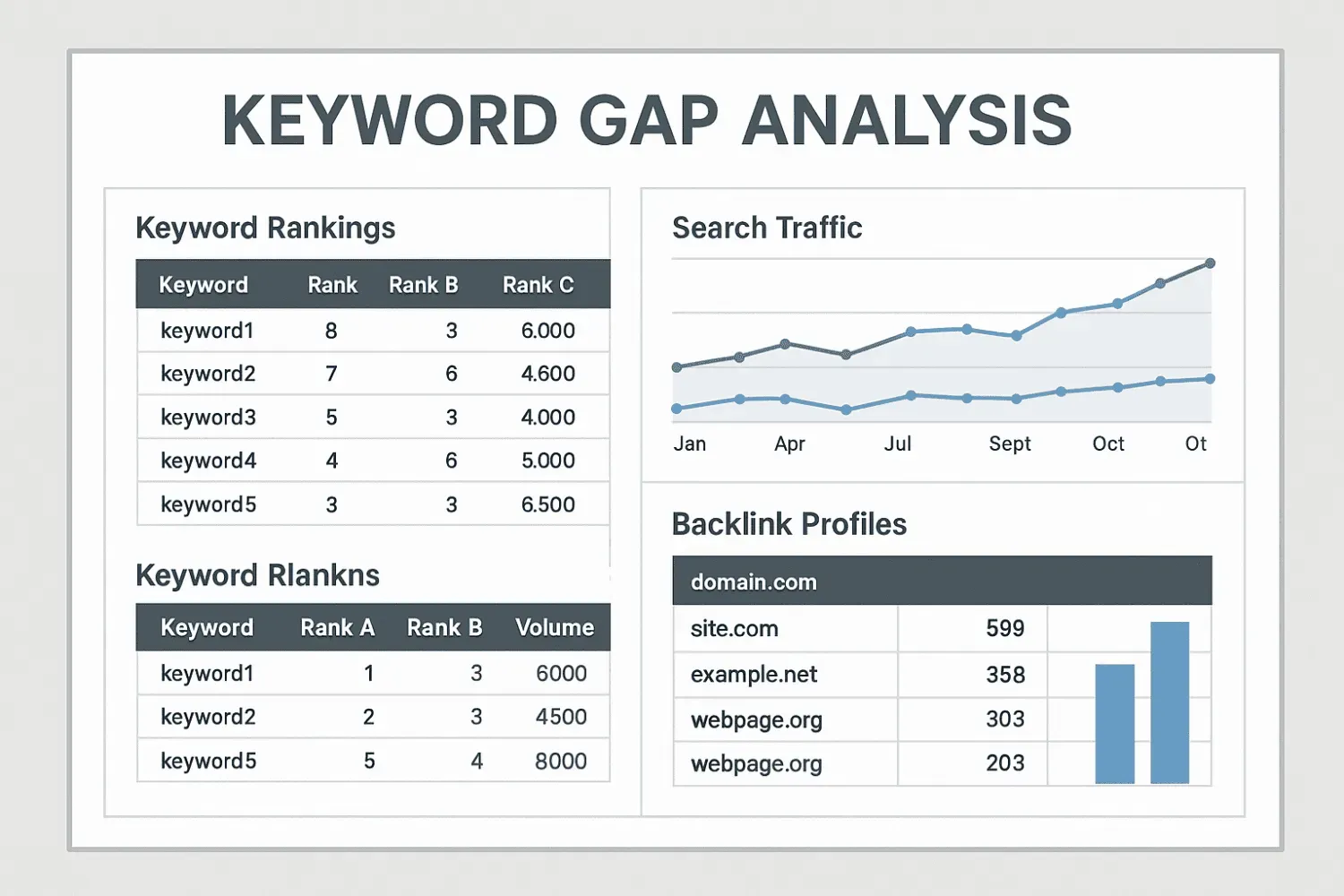 The image displays the interface of a keyword gap analysis tool, showcasing a comparison of SEO competitors. It highlights various metrics such as keyword rankings, search traffic, and backlink profiles, providing insights for effective competitor analysis and SEO strategy development.