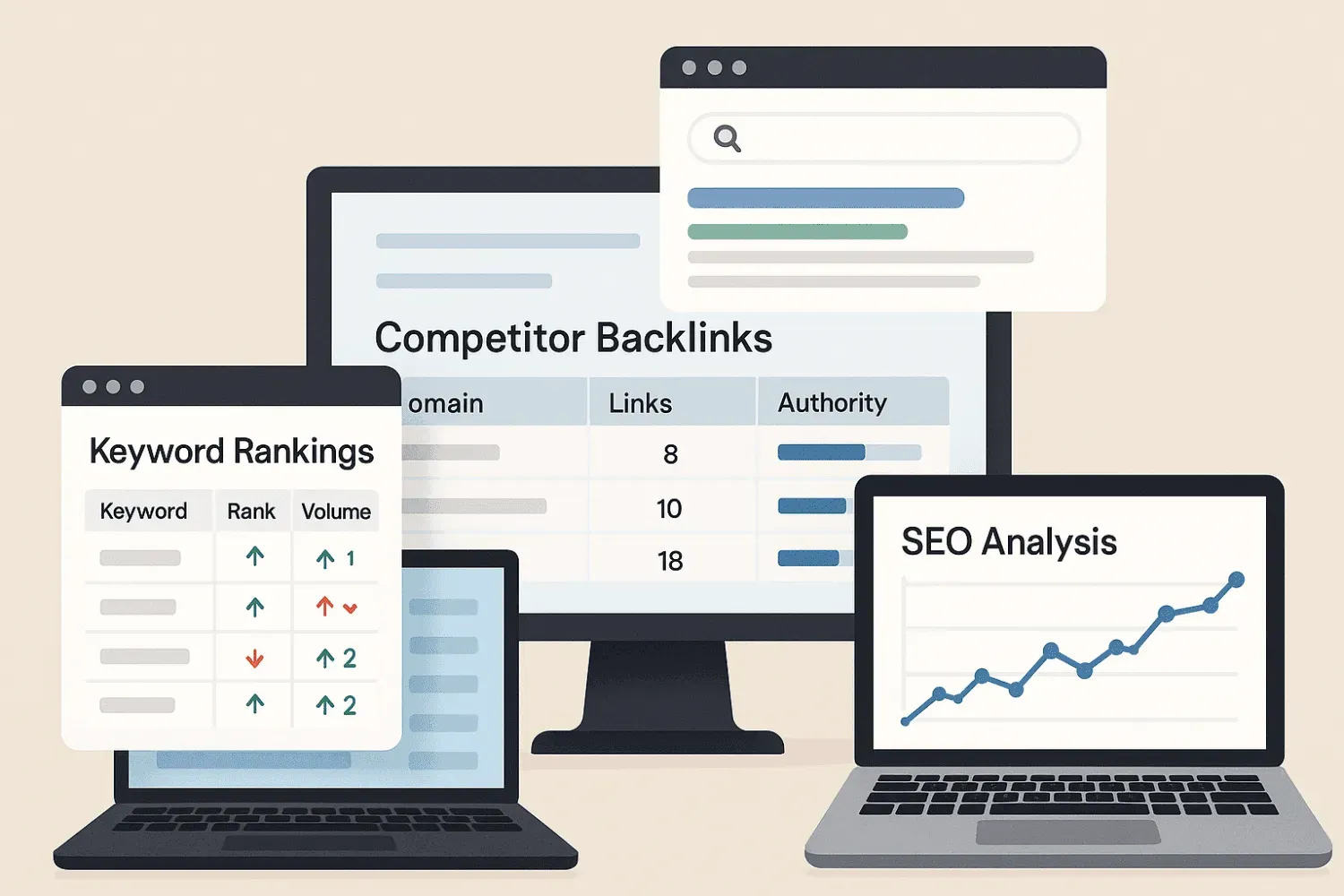 The image displays various SEO analysis tools on computer screens, showcasing features like keyword rankings, competitor backlink analysis, and search engine rankings. These tools are essential for conducting SEO competitor analysis and developing an effective SEO strategy to improve search traffic and identify keyword gaps.