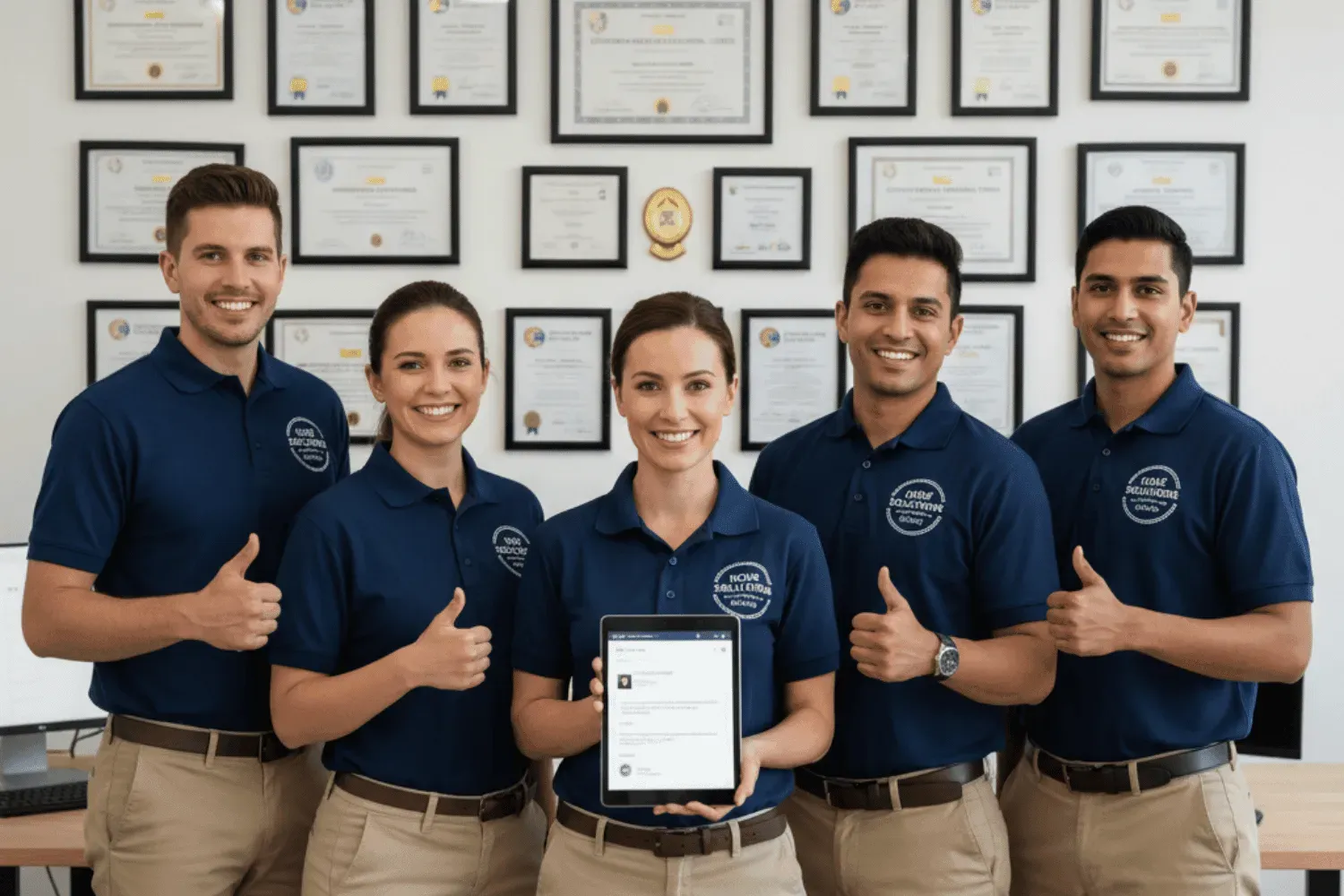 The image features a local service team posing together, showcasing their professional certifications prominently displayed in the background. This representation emphasizes their brand identity and commitment to providing a user-friendly experience for their clients, aligning with modern web design trends that focus on enhancing user engagement and satisfaction.