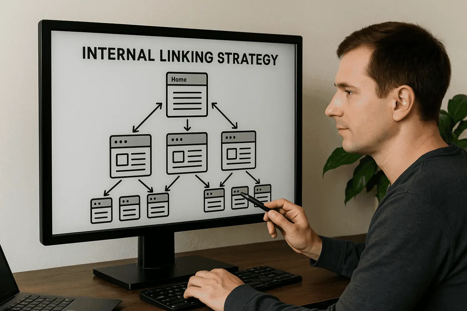 The image depicts a website owner planning an internal linking strategy, illustrated with a content hierarchy diagram that outlines the site