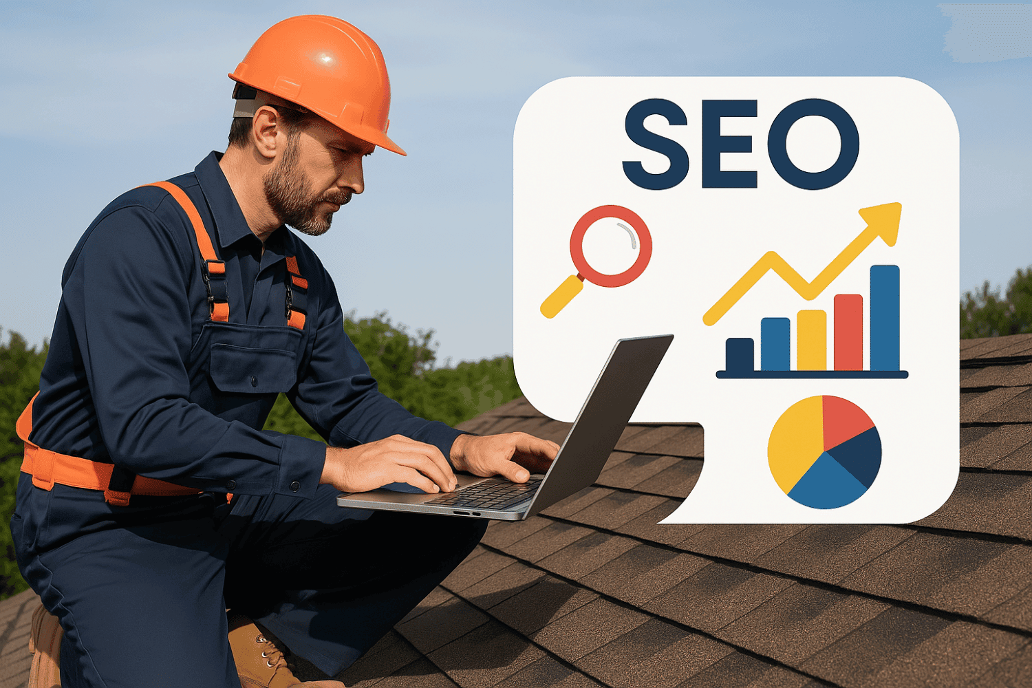 Top Roofer Seo Marketing Strategy Tips For 2025 10 A Roofer Working On A Roof While Analyzing Seo Strategies.