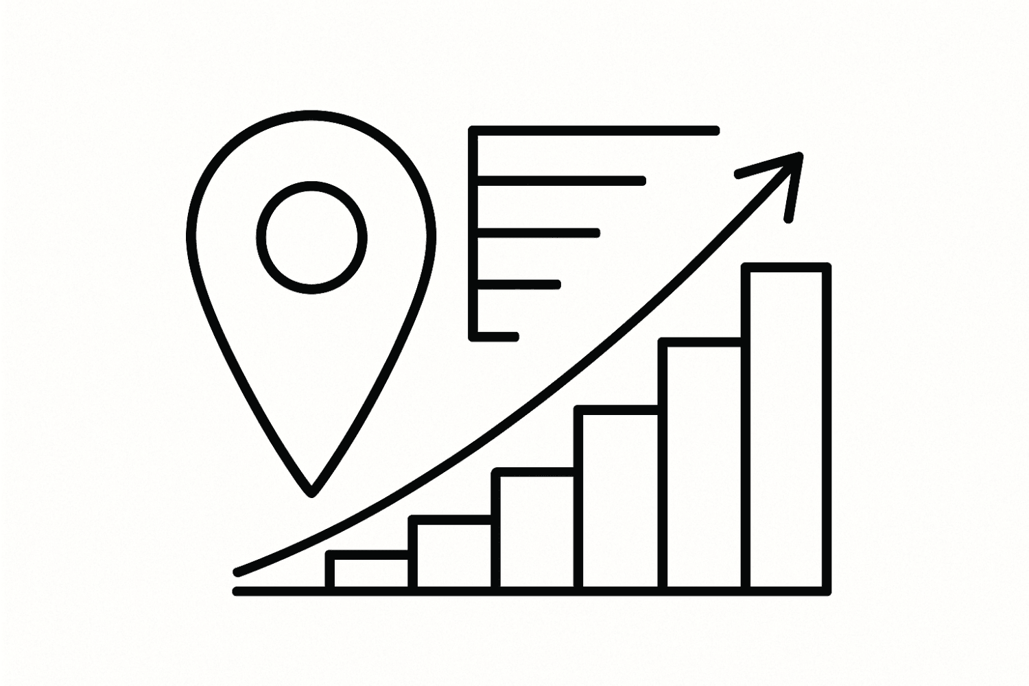 Black-And-White Line Art Of A Google My Business Pin And Rising Arrow, Highlighting Focused Seo Efforts And Digital Marketing Efforts That Deliver The Best Local Seo Services