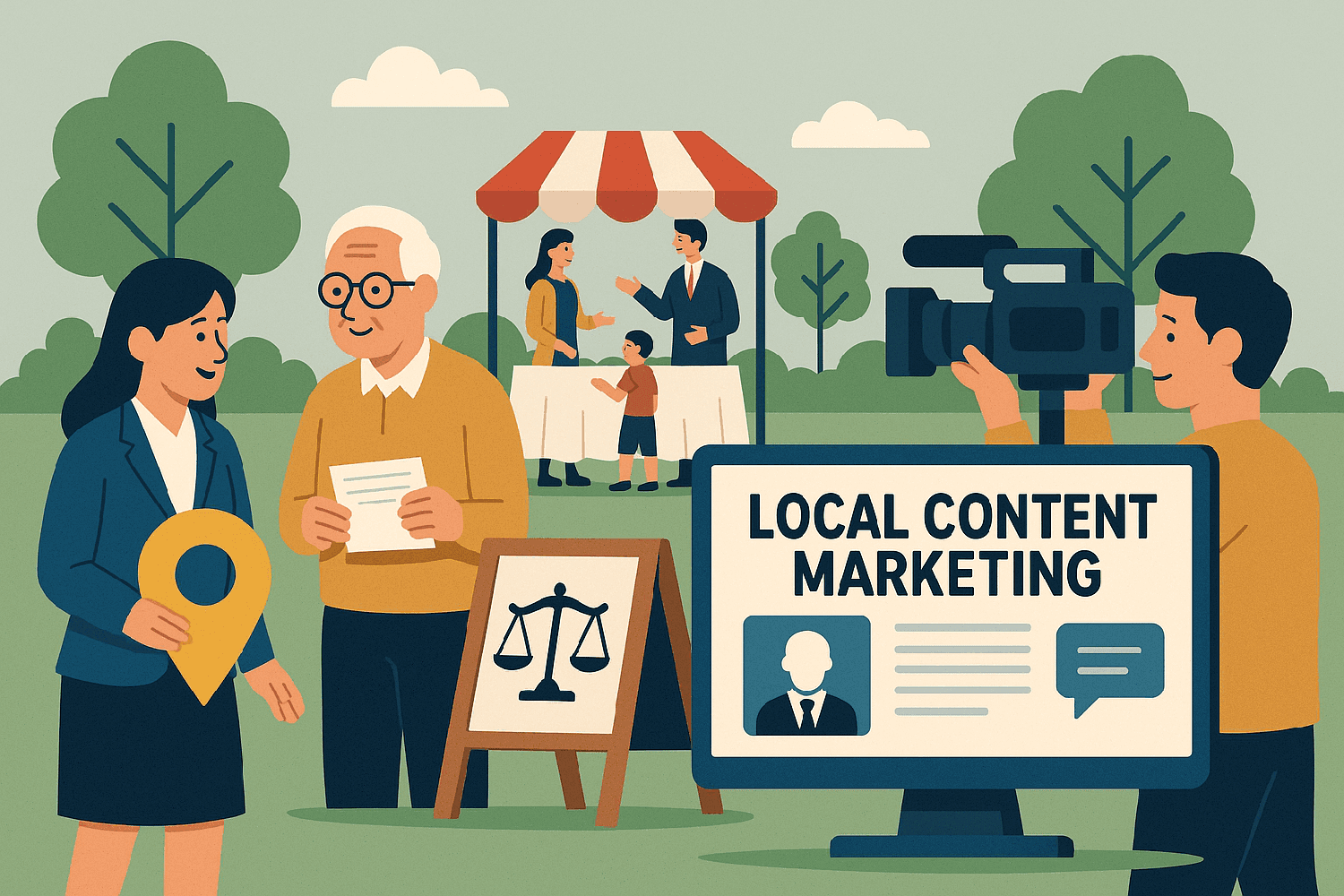 A Creative Representation Of Local Content Marketing Strategies For Lawyers, With Community Events And Content Creation Elements