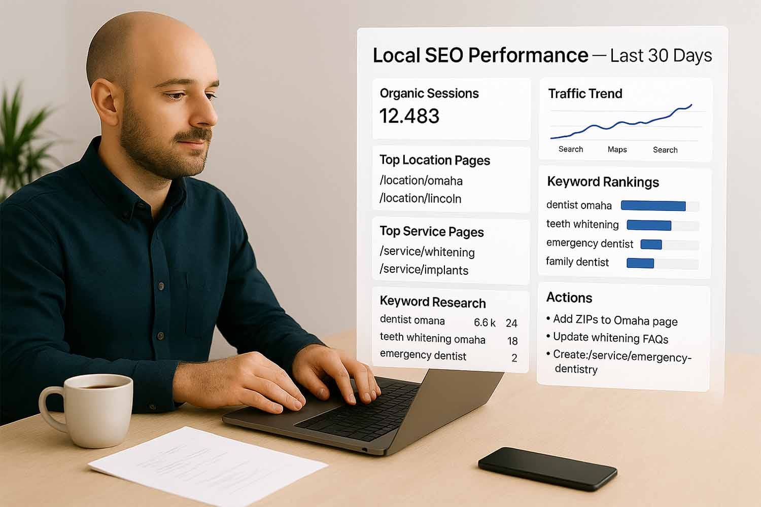 A Technician Is Focused On A Laptop, Analyzing Website Analytics And Utilizing Local Seo Tools, With Various Graphs And Data Related To Search Engine Optimization Displayed On The Screen. The Image Emphasizes The Importance Of Location Pages And Keyword Research For Improving Search Results And Attracting Potential Customers To Local Businesses.