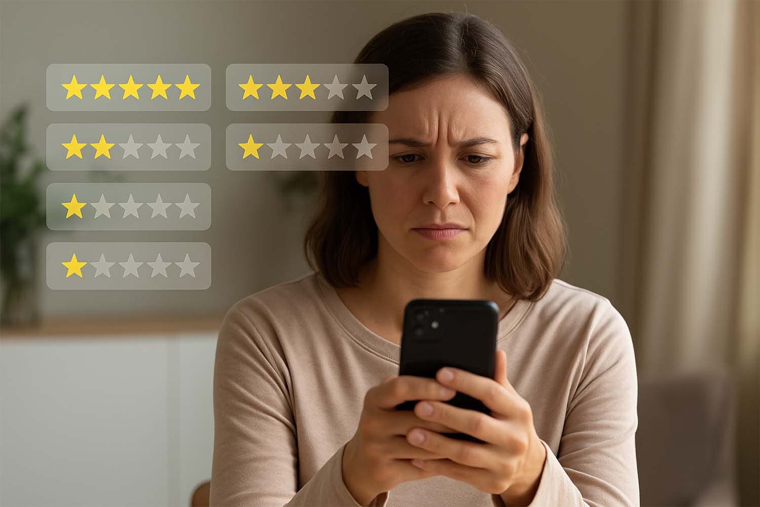 A Customer Is Seen Looking Skeptically At Their Phone, Examining Various Online Reviews, Including Both Positive And Negative Feedback. Their Expression Suggests They Are Discerning The Authenticity Of The Consumer Reviews To Gauge The Business'S Reputation Before Making A Decision.