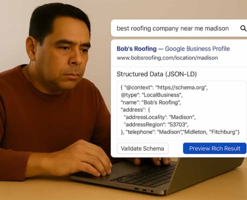 A Local Business Owner Is Focused On Their Laptop, With Search Results Displayed On The Screen, Likely Related To Local Seo And Implementing Schema Markup To Enhance Their Google Business Profile And Improve Search Engine Visibility For Their Specific Business Location. The Scene Emphasizes The Importance Of Structured Data In Optimizing Local Landing Pages For Better Search Engine Performance.