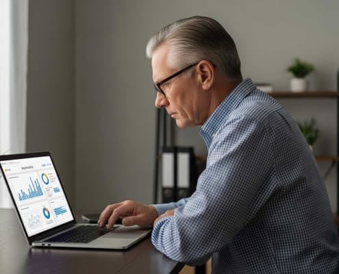 A Local Business Owner Is Seated At A Desk, Intently Reviewing Website Analytics On A Laptop, Analyzing Data To Improve Their Site'S Performance. The Screen Displays Graphs And Metrics That Help The Owner Understand User Behavior And Optimize The Internal Linking Strategy For Better Search Engine Visibility.