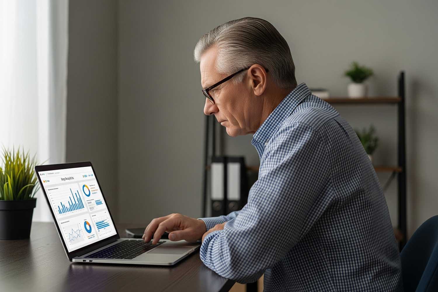 A Local Business Owner Is Seated At A Desk, Intently Reviewing Website Analytics On A Laptop, Analyzing Data To Improve Their Site'S Performance. The Screen Displays Graphs And Metrics That Help The Owner Understand User Behavior And Optimize The Internal Linking Strategy For Better Search Engine Visibility.