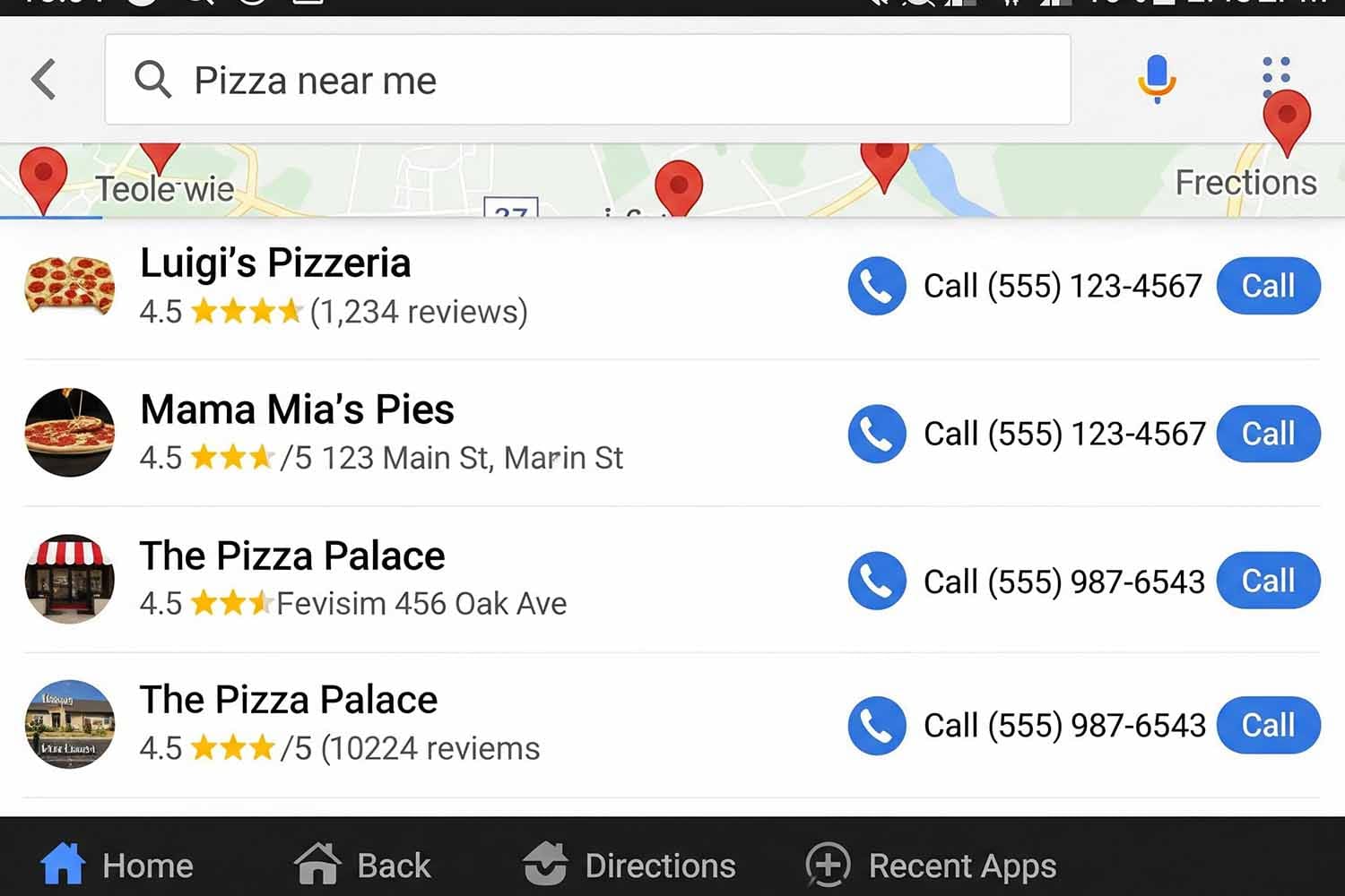 A Mobile Phone Screen Displays Local Search Results Featuring Multiple Phone Numbers, Indicating Various Businesses. The Image Highlights The Importance Of Tracking Phone Calls And Conversions In Digital Marketing Campaigns.