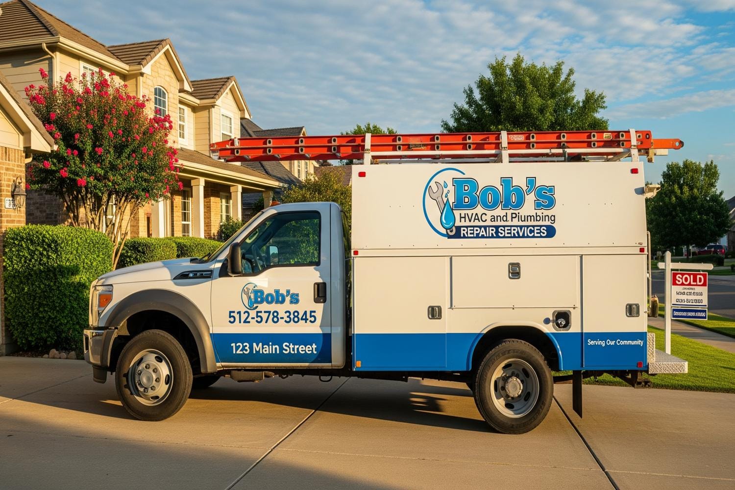 A Service Truck Is Parked In Front Of A Suburban House, Showcasing A Local Business Ready To Assist Customers In The Area. This Image Reflects The Importance Of Managing Multiple Business Locations And Enhancing Online Reputation Through Local Seo Strategies.