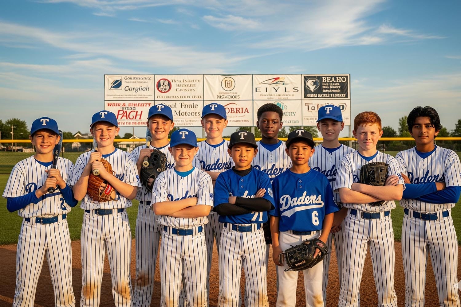 A Youth Baseball Team Stands Proudly In Front Of A Sponsor Banner, Showcasing Their Local Sponsorship And Community Involvement. The Team'S Uniforms Reflect Their Local Sports Team Spirit, While The Banner Highlights The Support From Local Businesses And Organizations.