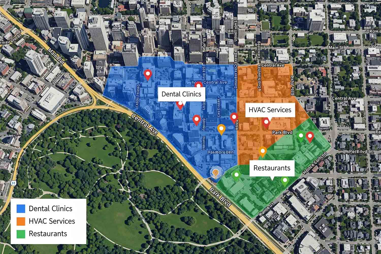 An Aerial View Of A City Showcases Various Optimal Grid Coverage Zones Highlighted For Different Business Types, Emphasizing Local Search Visibility And Local Seo Strategy. The Overlay Indicates Areas Where Local Businesses Can Enhance Their Google Business Profile And Improve Their Local Search Rankings.