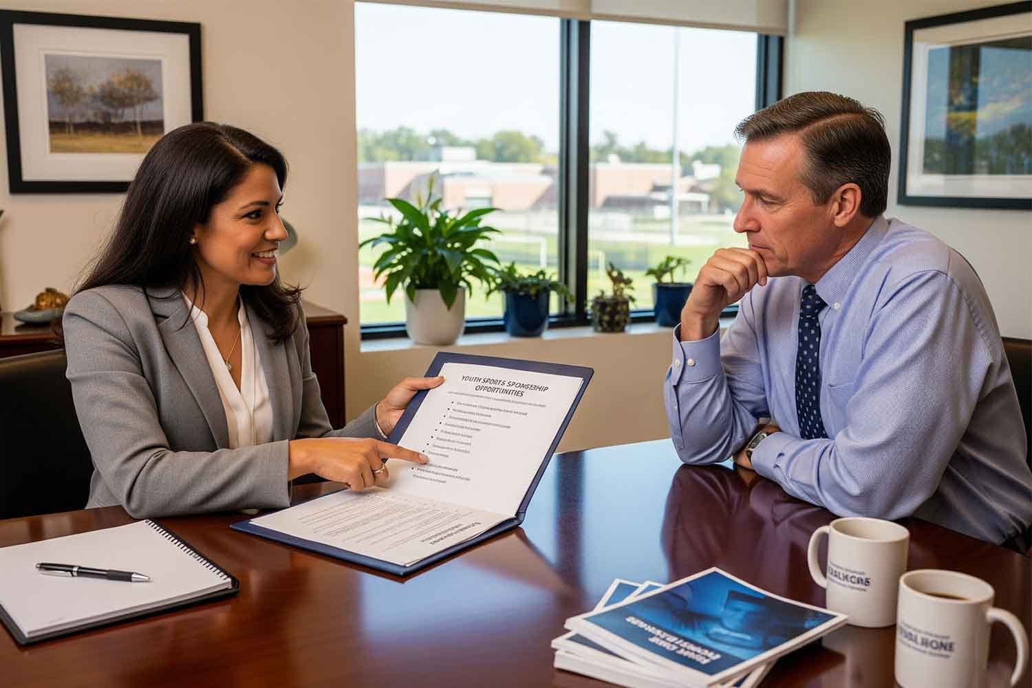 In An Office Setting, A Local Business Owner Is Engaged In A Discussion With A School Principal, Focusing On Potential Community Involvement And Sponsorship Opportunities For Local Youth Sports Teams. Their Meeting Highlights The Importance Of Collaboration Between Local Businesses And Educational Institutions To Enhance Local Brand Awareness And Support Community Organizations.