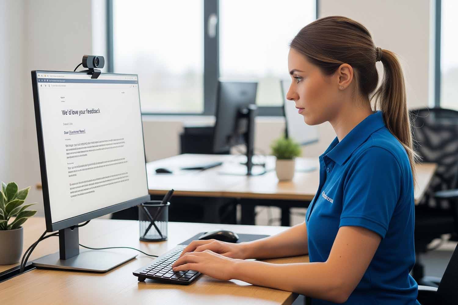 In The Image, A Customer Service Representative Is Focused On Their Computer Screen, Typing A Personalized Follow-Up Email To A Customer, Aiming To Gather Valuable Feedback And Encourage Positive Reviews About The Company'S Products Or Services. This Interaction Highlights The Importance Of Customer Satisfaction And The Role Of Genuine Customer Experiences In Enhancing The Brand'S Reputation.