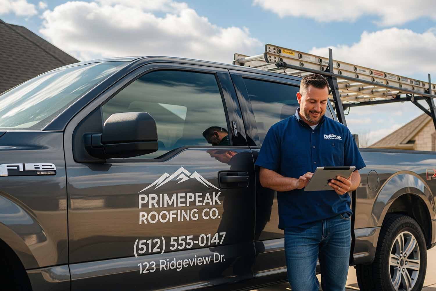 A Local Business Owner Stands In Front Of Their Service Vehicle, Reviewing Customer Testimonials And Case Studies On A Tablet. The Scene Highlights The Importance Of Local Seo And Effective Strategies For Engaging Potential Customers Through Relevant Pages And High-Quality Content.