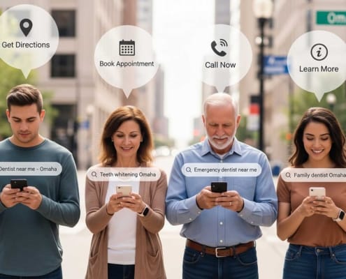 People Are Standing Outside Various Commercial Buildings, Each Engaged With Their Mobile Phones To Search For Local Services. The Scene Highlights The Importance Of Local Seo, As These Individuals Utilize Search Engines To Find Relevant Businesses In Their Physical Location.