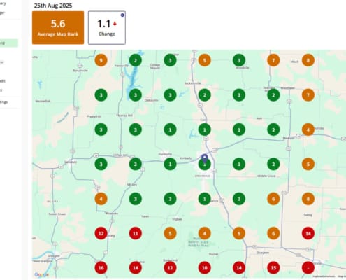A Heatmap Visualization Displays Colored Pins Across A City Grid, With Green, Yellow, And Red Zones Indicating Varying Local Search Rankings Strength. This Image Illustrates The Local Seo Performance And Visibility Of Businesses, Providing Valuable Insights For Optimizing Their Google Business Profiles And Improving Local Search Presence.