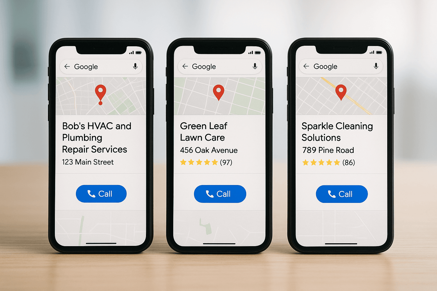In The Image, Multiple Smartphones Are Shown Displaying Google Maps Search Results For Various Business Locations, Highlighting The Ease Of Accessing And Managing Multiple Business Profiles. This Visual Emphasizes The Importance Of Local Seo And Online Reputation Management For Service Area Businesses.