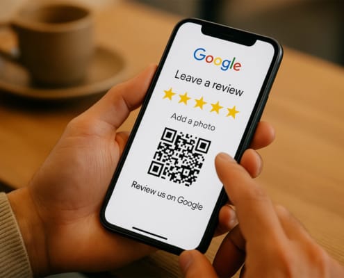 A Customer Is Using A Smartphone To Leave A Google Review, With A Qr Code Visible On The Screen, Which Can Enhance Local Seo And Improve The Business'S Visibility In Search Results. The Scene Emphasizes The Importance Of Online Reviews In Influencing Search Rankings And Attracting More Customers.