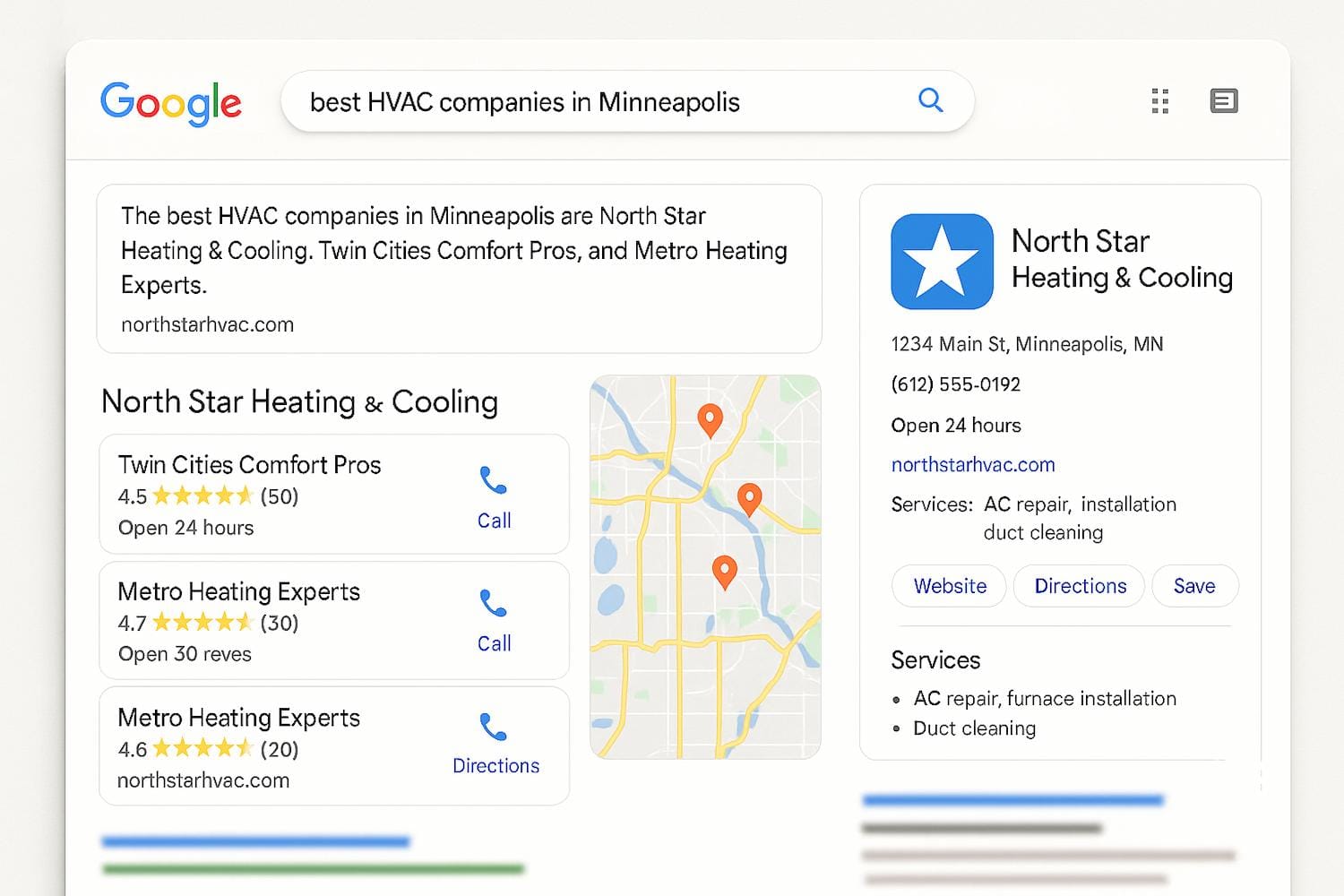 The Image Depicts A Search Results Page Showcasing Various Serp Features, Including Featured Snippets, Local Packs, And Knowledge Panels. It Illustrates How These Common Serp Features Enhance The Visibility Of Organic Search Results, Providing Users With Quick Access To Information Related To Their Search Queries.