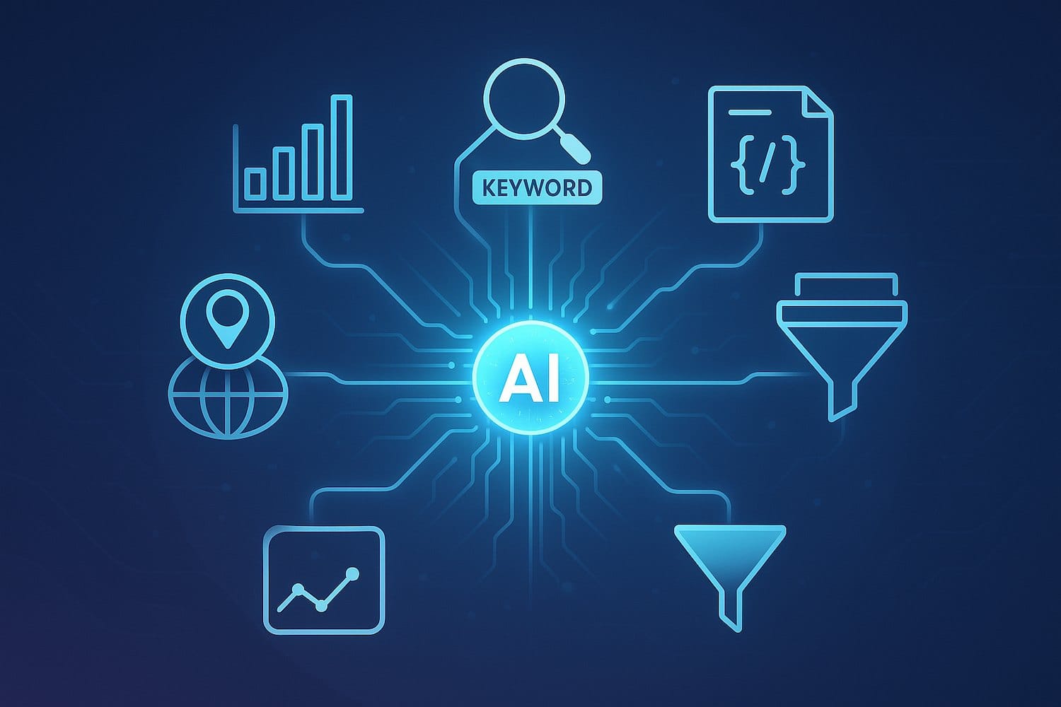 The Image Depicts A Dynamic Visualization Of Ai Technology, Showcasing Interconnected Networks And Data Processing Elements That Represent The Intricate Workings Of Ai-Powered Tools In Digital Marketing. This Illustration Highlights The Role Of Artificial Intelligence In Optimizing Content For Search Engines, Enhancing Seo Strategies, And Improving Website Visibility Through Data Analysis And Keyword Research.