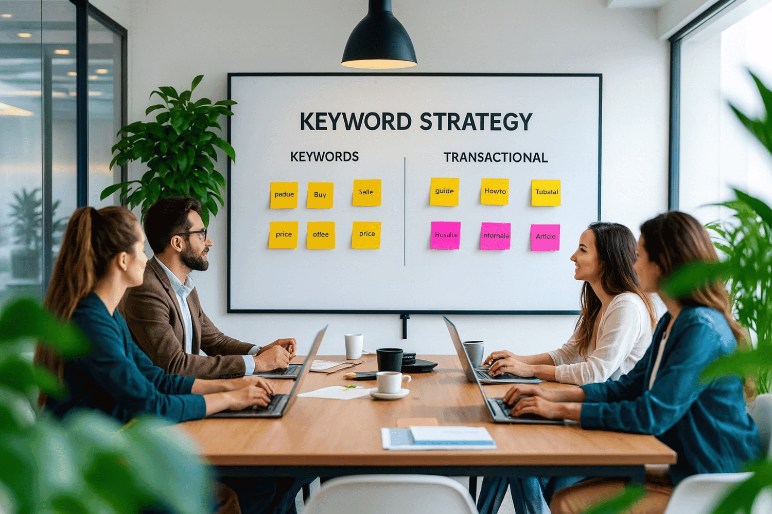 Types Of Keywords In Seo: A Complete Guide For 2025 13 A Digital Marketing Team Is Gathered Around A Large Whiteboard, Collaborating On Keyword Strategy Using Colorful Sticky Notes. They Are Discussing Various Types Of Keywords, Including Transactional And Informational Keywords, To Optimize Their Seo Strategy And Enhance Search Engine Visibility.