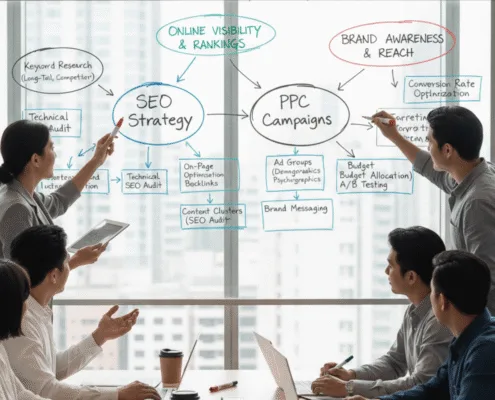A Marketing Team Is Collaborating Around A Whiteboard Filled With Diagrams Outlining Their Seo And Ppc Strategies, Focusing On Elements Like Keyword Research And Brand Messaging. They Discuss How To Enhance Their Online Visibility And Search Engine Rankings To Effectively Reach Their Target Audience And Improve Brand Awareness.